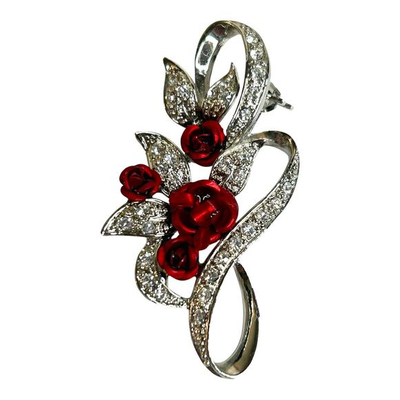 Vintage Red Roses Silver Tone Sparkly Rhinestones Gorgeous Brooch - Picture 6 of 6